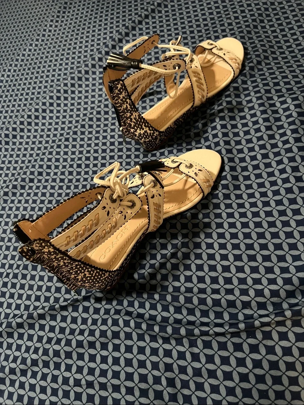 Coach Two-Tone Espadrille Wedge Sandals in Beige and Black